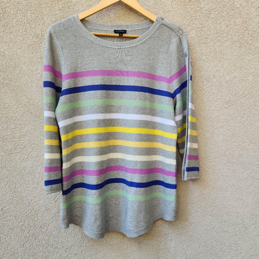 TALBOTS Women's Sweater Large Gray Stripes Rayon Pullover Round Neck
